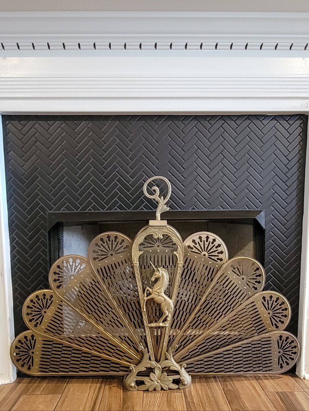 Rare XL Vintage Brass Unicorn Peacock Fireplace Screen – Hollywood Regency